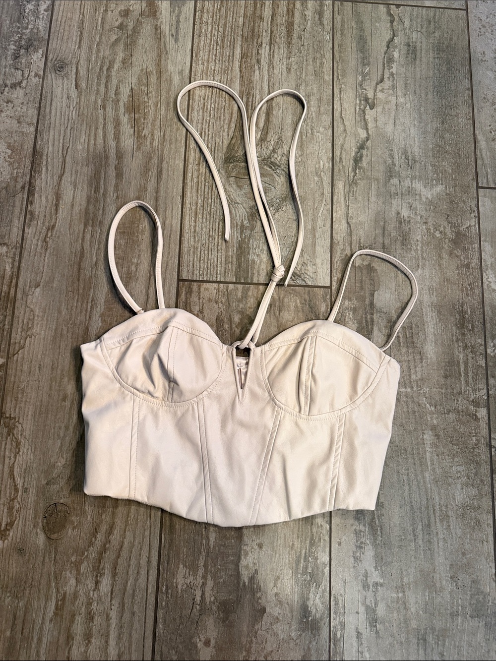 The Post Khaki Faux Leather Bustier Crop Top with Spaghetti Straps